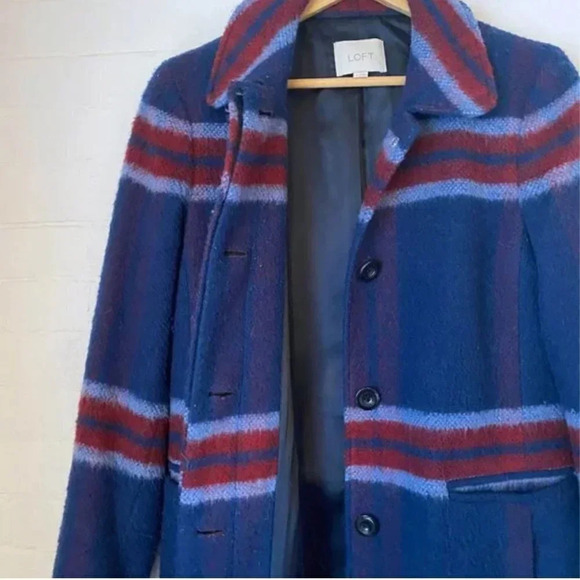 Loft Blue Red Plaid Stripe Wool Coat X-Small - Picture 7 of 8
